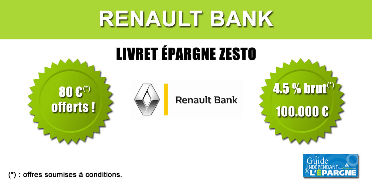 Le livret épargne ZESTO de Renault Bank propose un taux de 4.50 % brut Le livret épargne ZESTO de Renault Bank propose un taux de 4.50 % brut